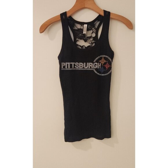 Pittsburgh Steelers Tank Top Lace Racerback Rhinestone Embellished Black Small - Picture 2 of 10